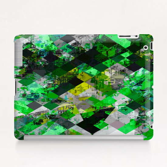 vintage psychedelic geometric square pixel pattern abstract in green and yellow Tablet Case by Timmy333