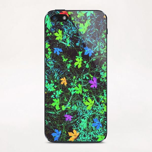 maple leaf in pink blue green yellow orange with green creepers plants background iPhone & iPod Skin by Timmy333