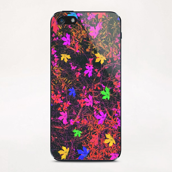 maple leaf in yellow green pink blue red with red and orange creepers plants background iPhone & iPod Skin by Timmy333