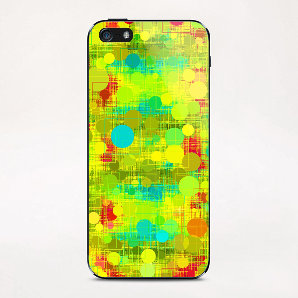 psychedelic geometric circle and square pattern abstract in yellow green blue red iPhone & iPod Skin by Timmy333