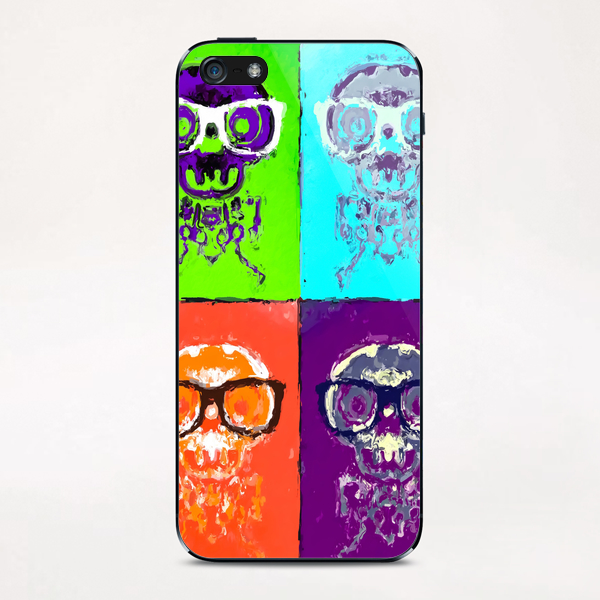 funny skull and bone with glasses with green blue orange and purple background iPhone & iPod Skin by Timmy333