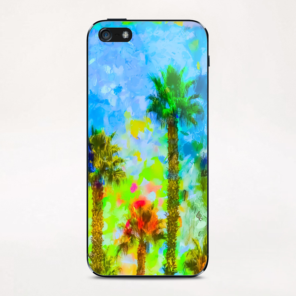 green palm tree with blue yellow green painting abstract background iPhone & iPod Skin by Timmy333