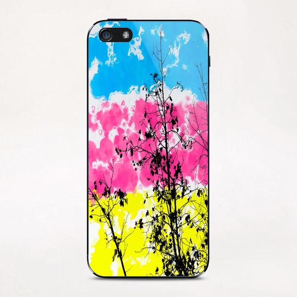 tree branch with leaf and painting texture abstract background in blue pink yellow iPhone & iPod Skin by Timmy333