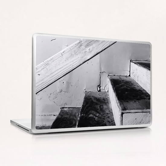 wood stairway with wood background in black and white Laptop & iPad Skin by Timmy333