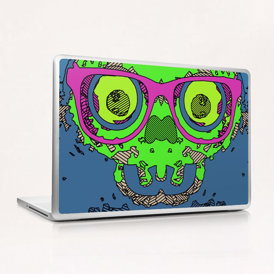 green funny skull art portrait with pink glasses and blue background Laptop & iPad Skin by Timmy333