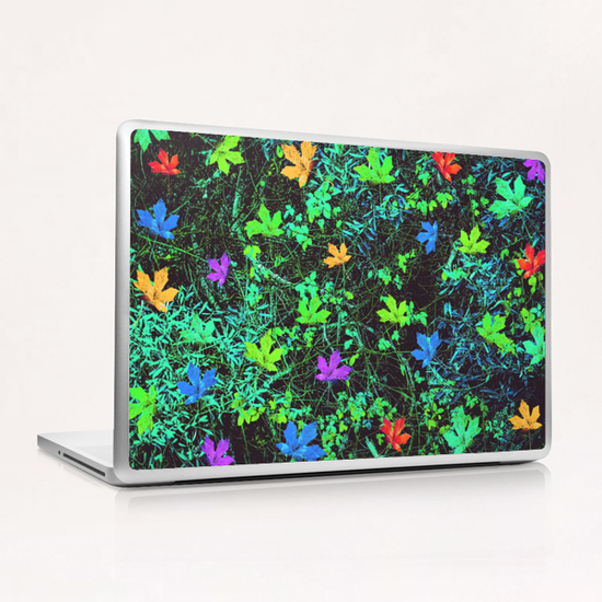 maple leaf in pink blue green yellow orange with green creepers plants background Laptop & iPad Skin by Timmy333