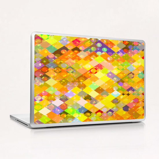 geometric square pixel and circle pattern abstract in yellow orange red blue Laptop & iPad Skin by Timmy333