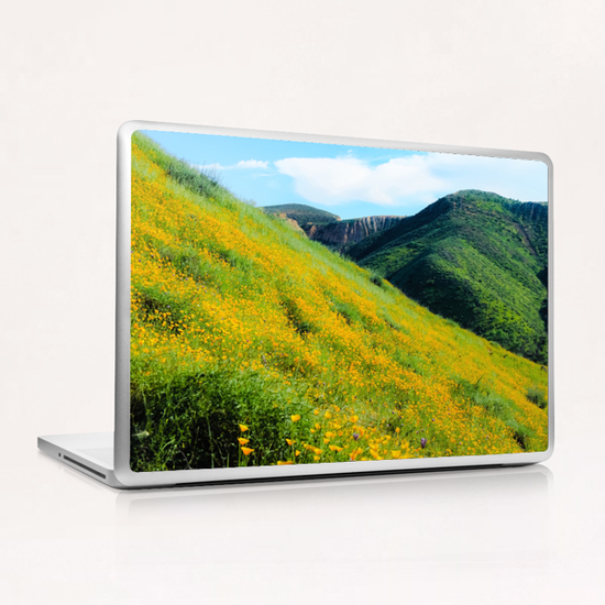 yellow poppy flower field with green leaf and green mountain and cloudy blue sky in summer Laptop & iPad Skin by Timmy333