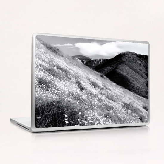 poppy flower field with mountain and cloudy sky background in black and white Laptop & iPad Skin by Timmy333