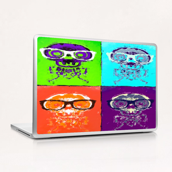 funny skull and bone with glasses with green blue orange and purple background Laptop & iPad Skin by Timmy333