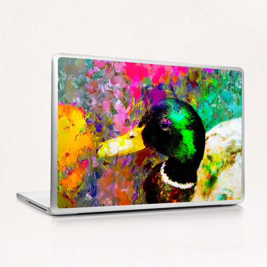 mallard duck with pink green brown purple yellow painting abstract background Laptop & iPad Skin by Timmy333