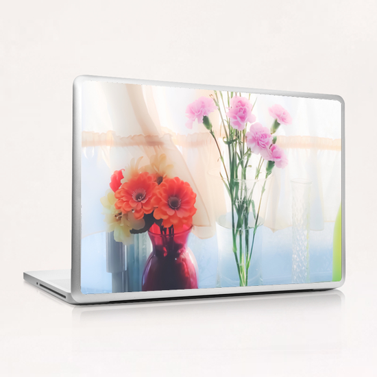 pink flower and orange flower in the vase with curtain background Laptop & iPad Skin by Timmy333