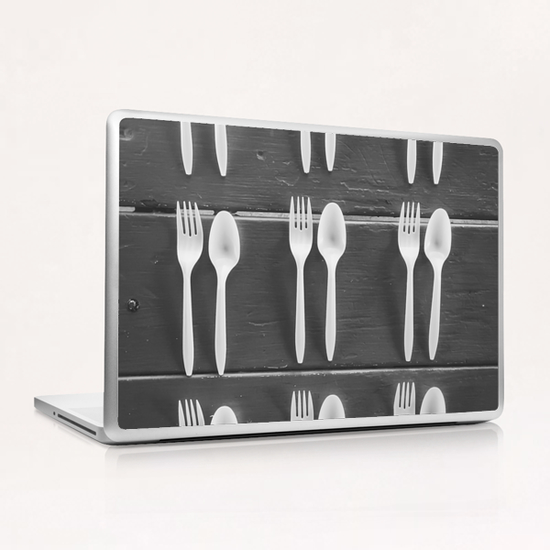 forks and spoons with wood background in black and white Laptop & iPad Skin by Timmy333