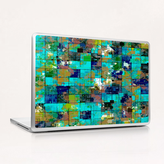 psychedelic geometric square pixel pattern abstract background in blue green brown Laptop & iPad Skin by Timmy333